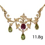 EDWARDIAN SUFFREGETTE RUBY PEARL AND PERIDOT NECKLACE