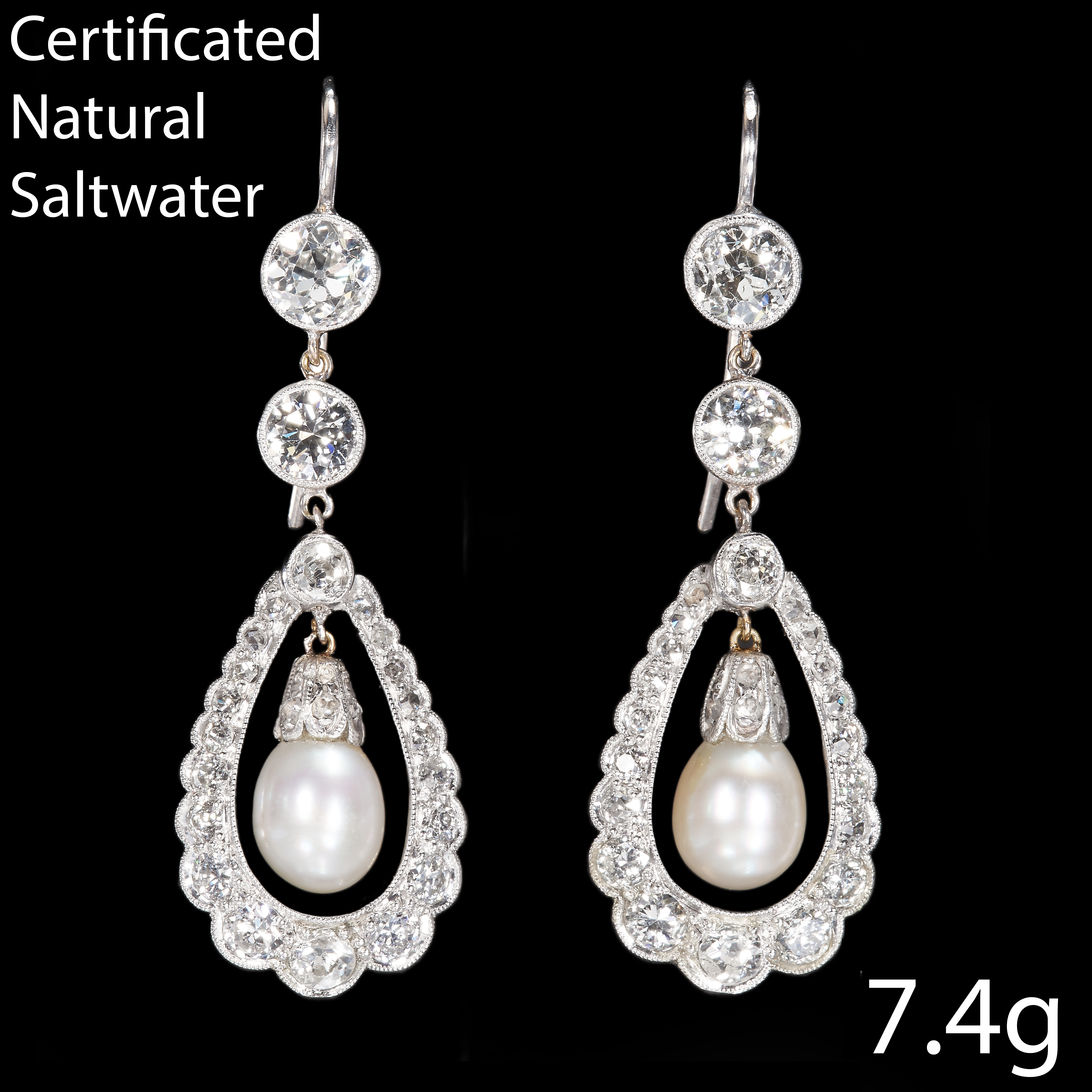 PAIR OF CERTIFICATED NATURAL SALTWATER PEARL AND DIAMOND DROP EARRINGS