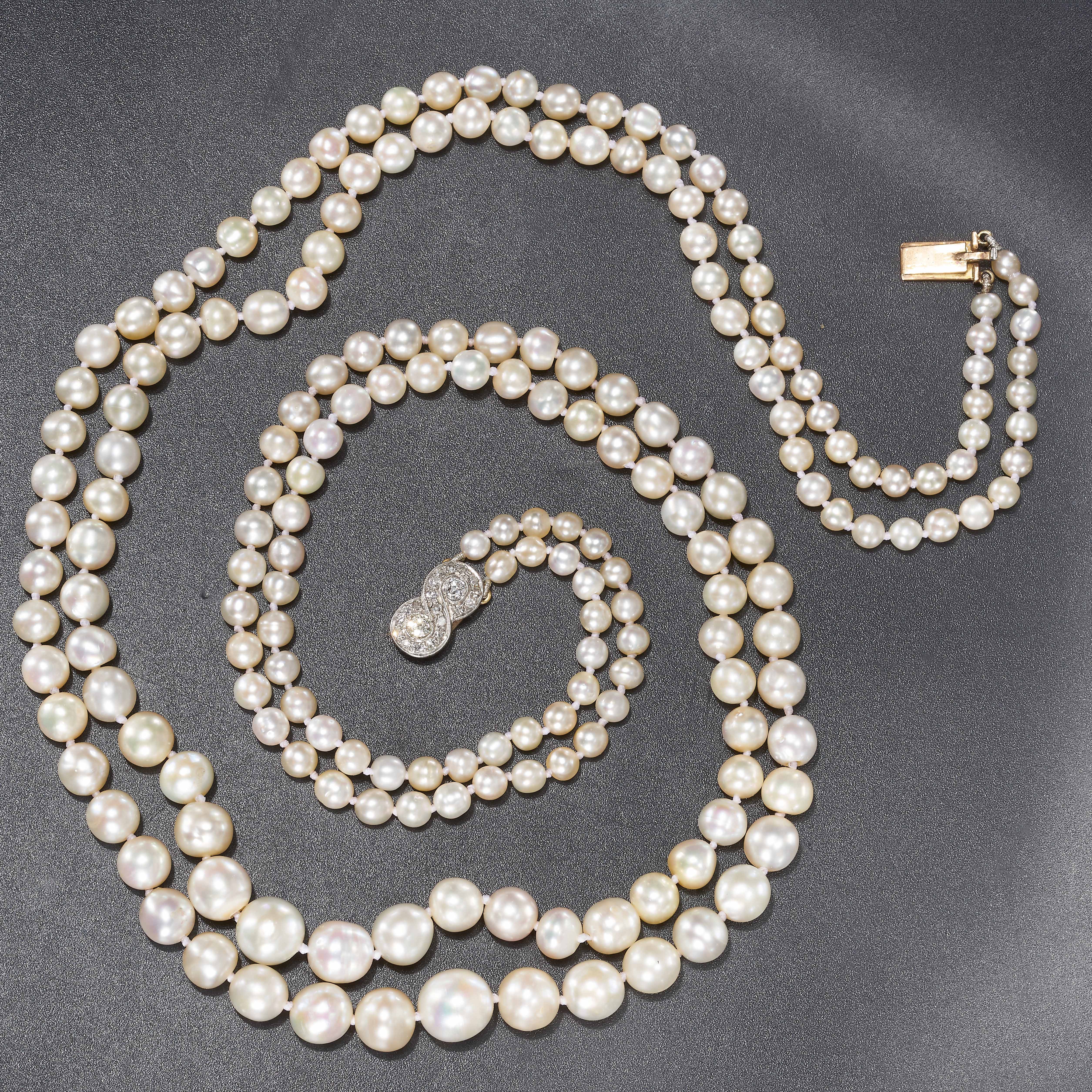 FINE CERTIFICATED NATURAL SALTWATER PEARL AND DIAMOND 2-ROW NECKLACE - Image 2 of 2