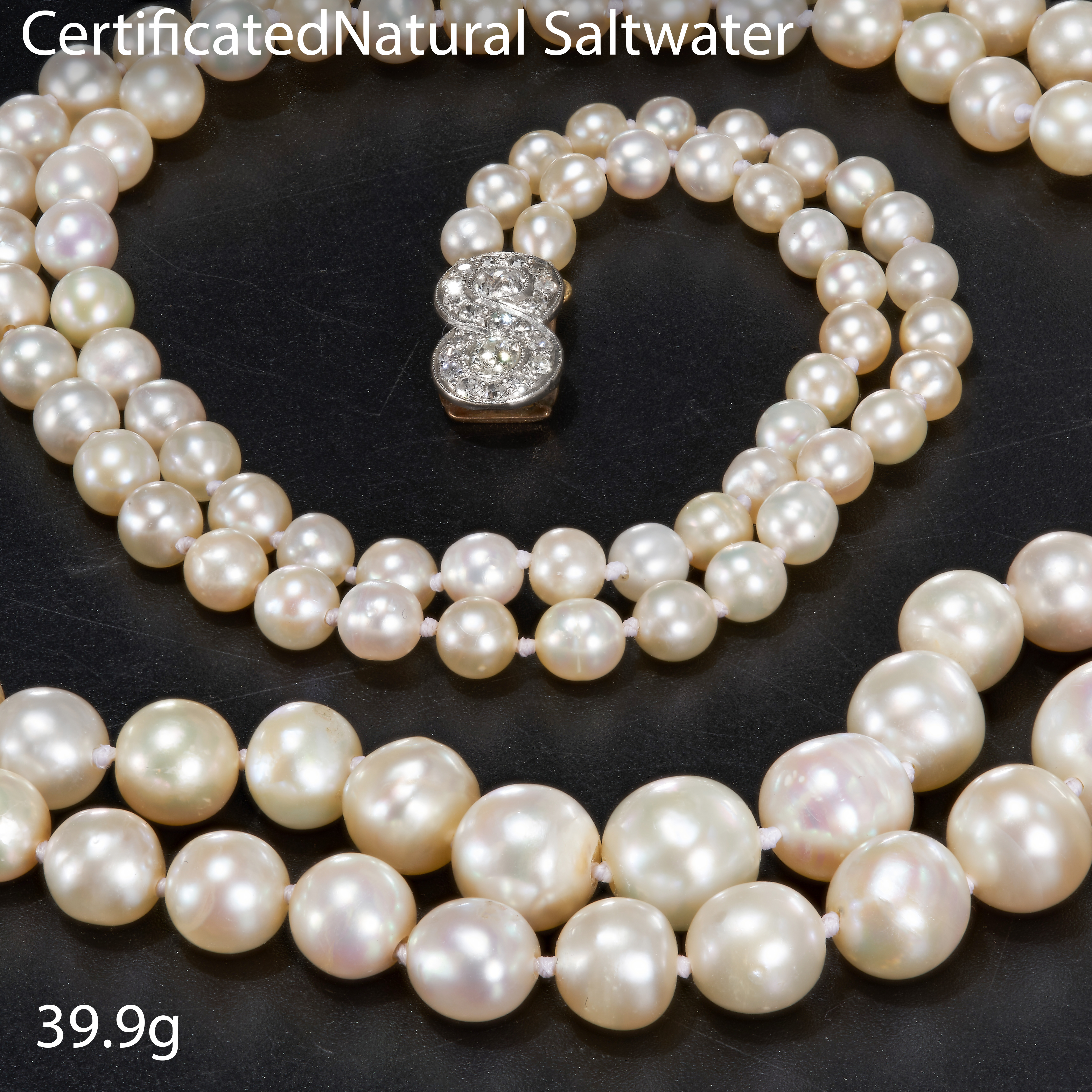 FINE CERTIFICATED NATURAL SALTWATER PEARL AND DIAMOND 2-ROW NECKLACE