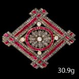 VERY FINE AND DETAILED ANTIQUE RUBY DIAMOND AND PEARL PENDANT/BROOCH