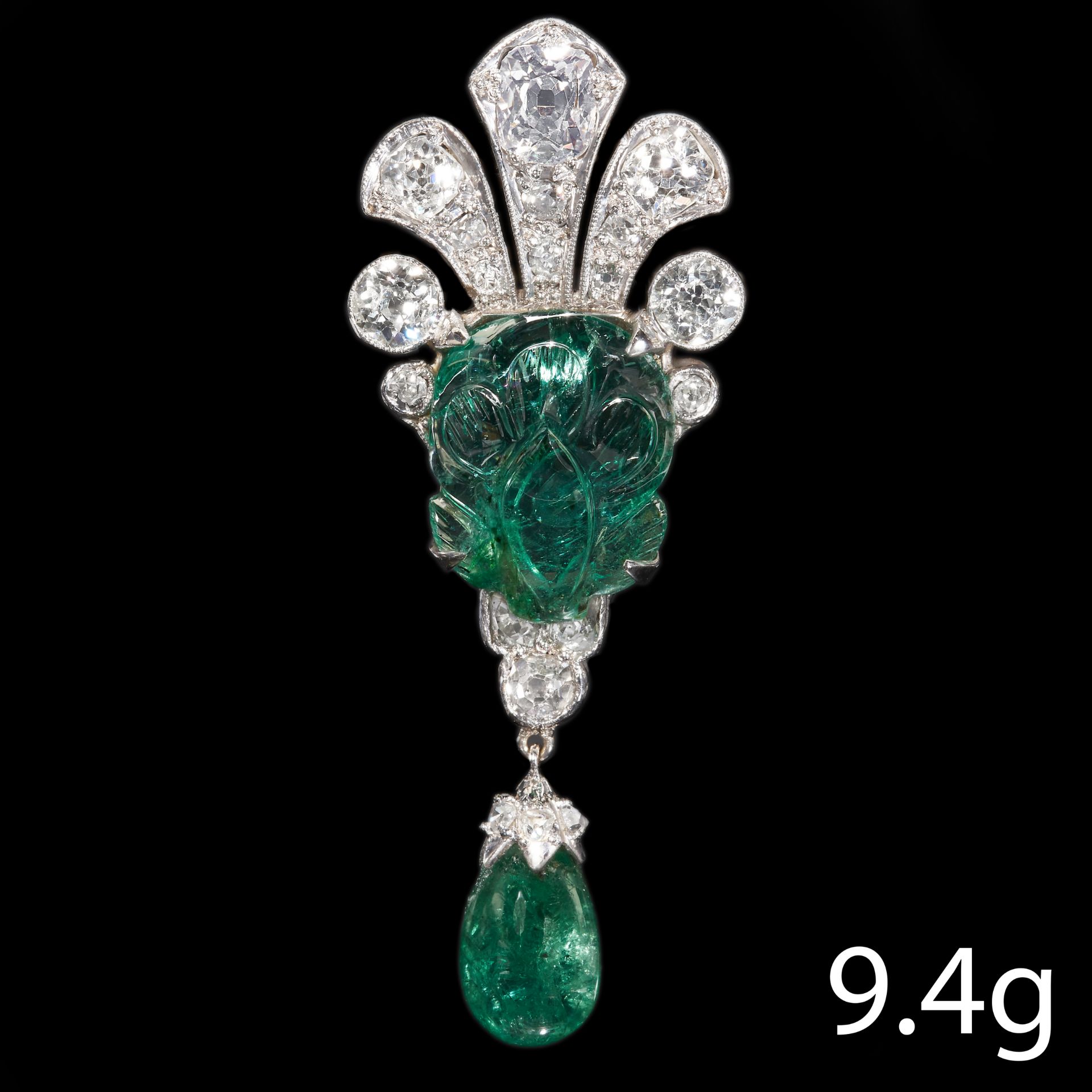 ANTIQUE CARVED EMERALD AND DIAMOND CLIP BROOCH