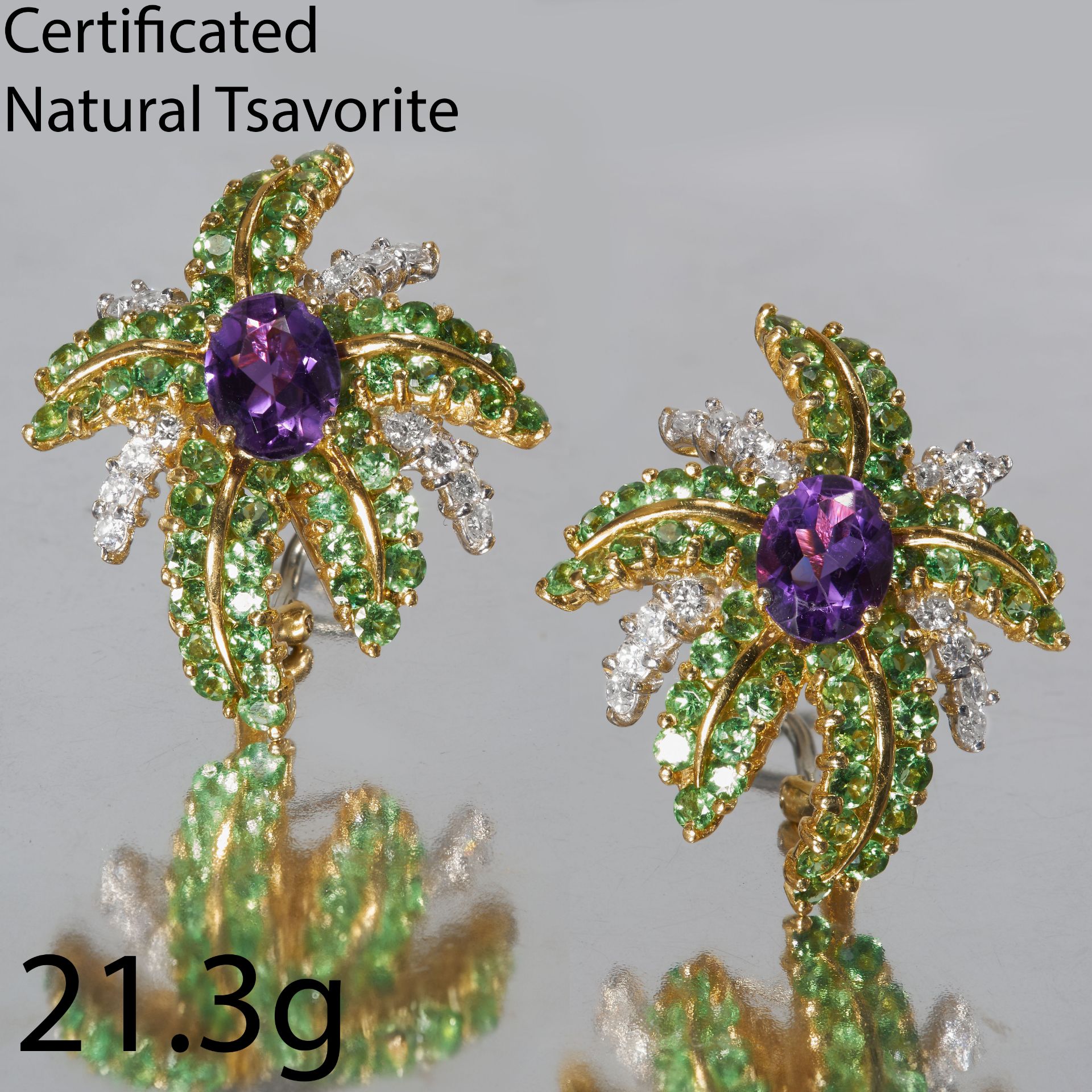 CERTIFICATED TSAVORITE GARNET, AMETHYST AND DIAMOND CLIP EARRINGS