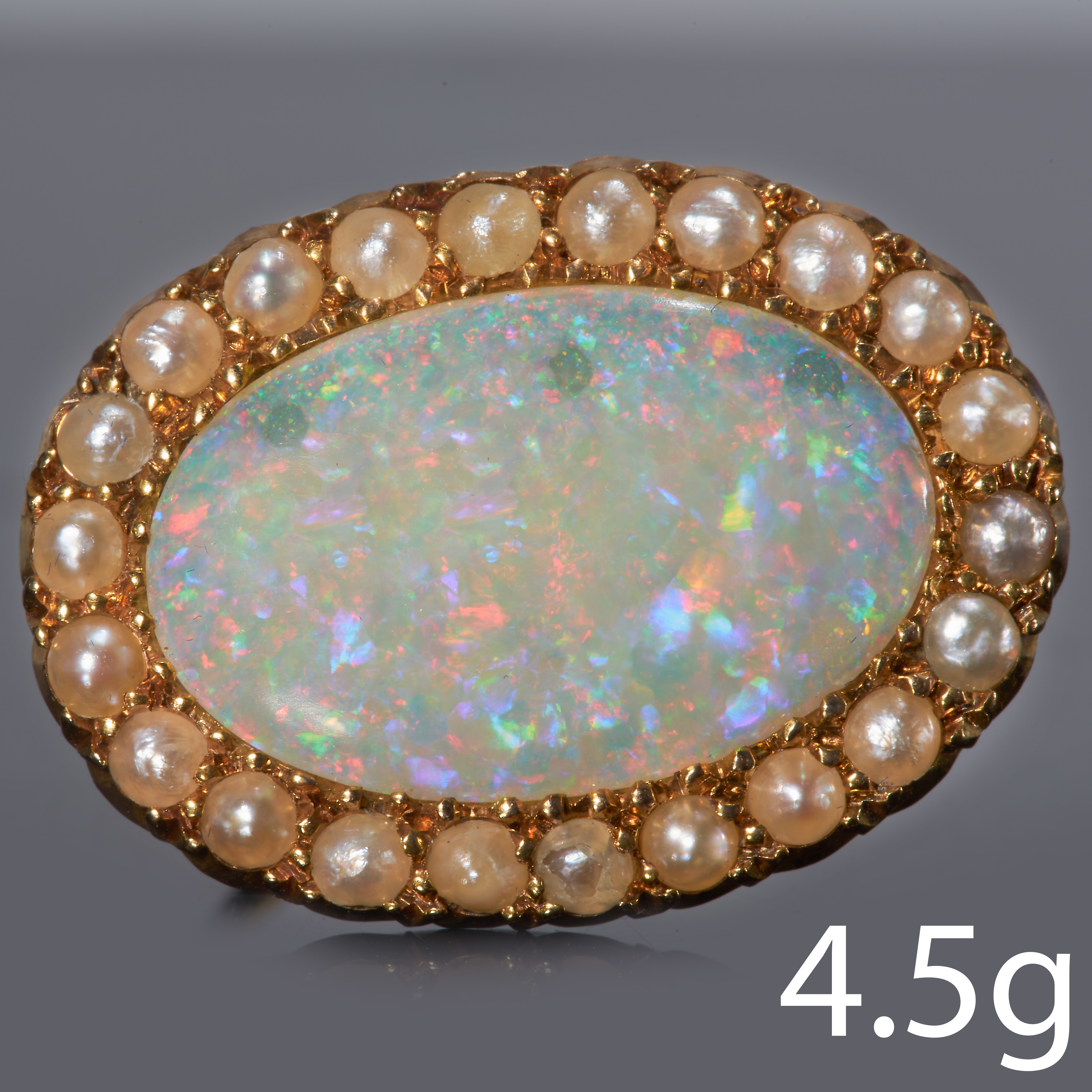 FINE OPAL AND SEED PEARL GOLD BROOCH