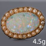 FINE OPAL AND SEED PEARL GOLD BROOCH
