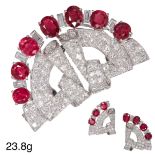 IMPORTANT ART-DECO BURMA 'MONG HSU' RUBY AND DIAMOND DOUBLE CLIP BROOCH