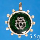 ANTIQUE DOUBLE HEART DIAMOND ENAMEL AND PEARL PENDANT