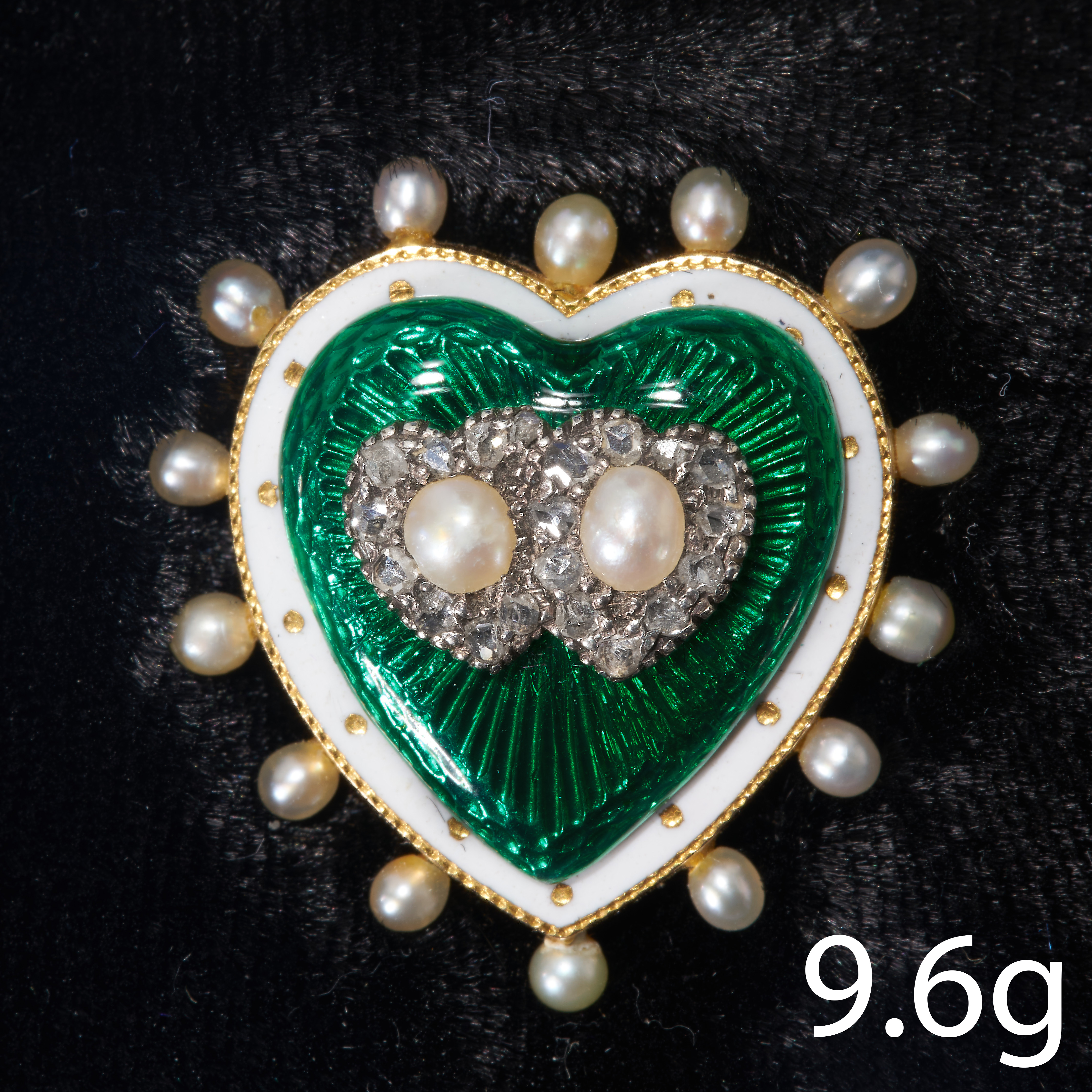 ANTIQUE HEART SHAPED ENAMEL DIAMOND AND PEARL PENDANT/BROOCH