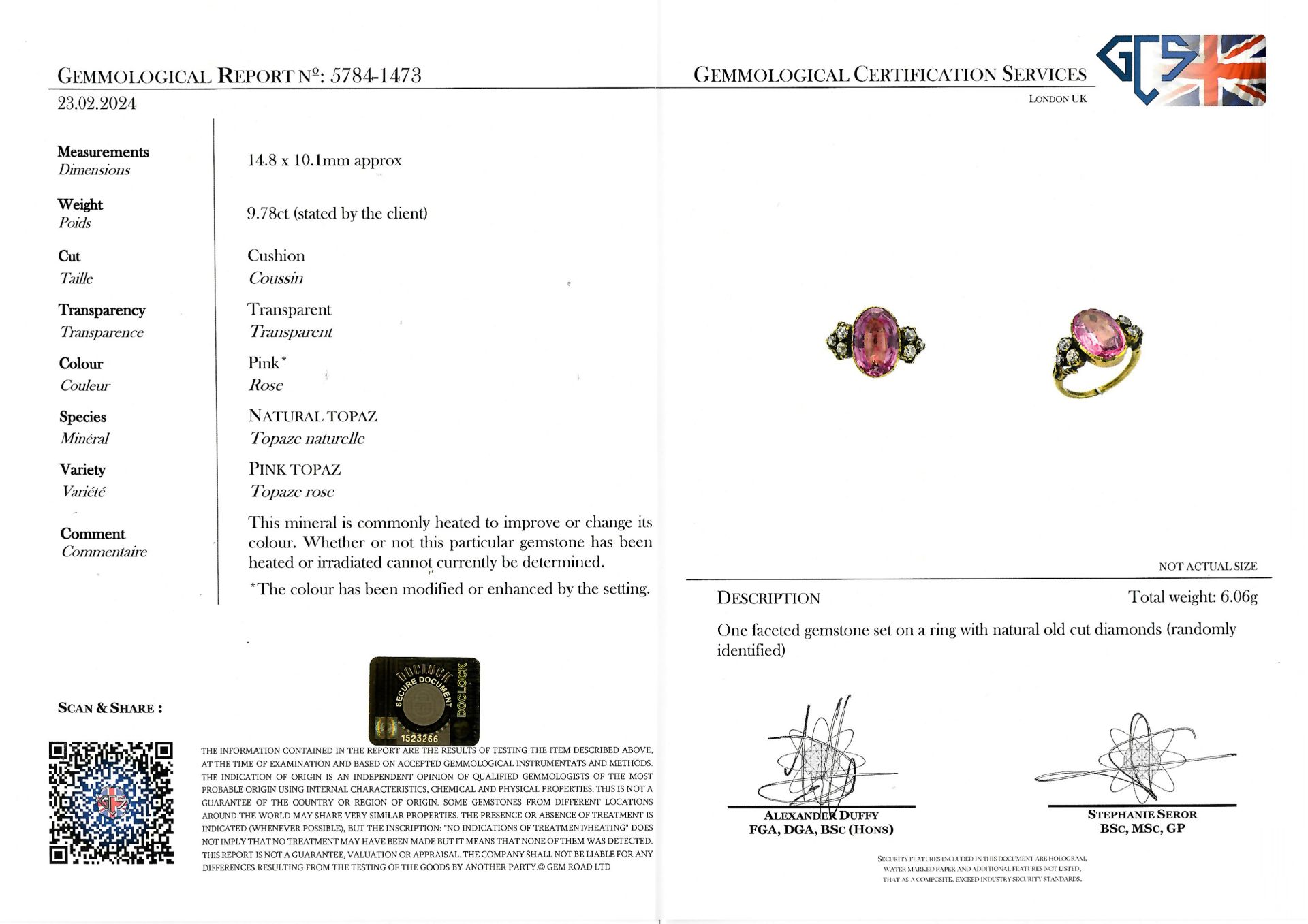 CERTIFICATED PINK TOPAZ AND DIAMOND RING - Image 3 of 3