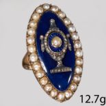 ANTIQUE PEARL DIAMOND AND ENAMEL RING