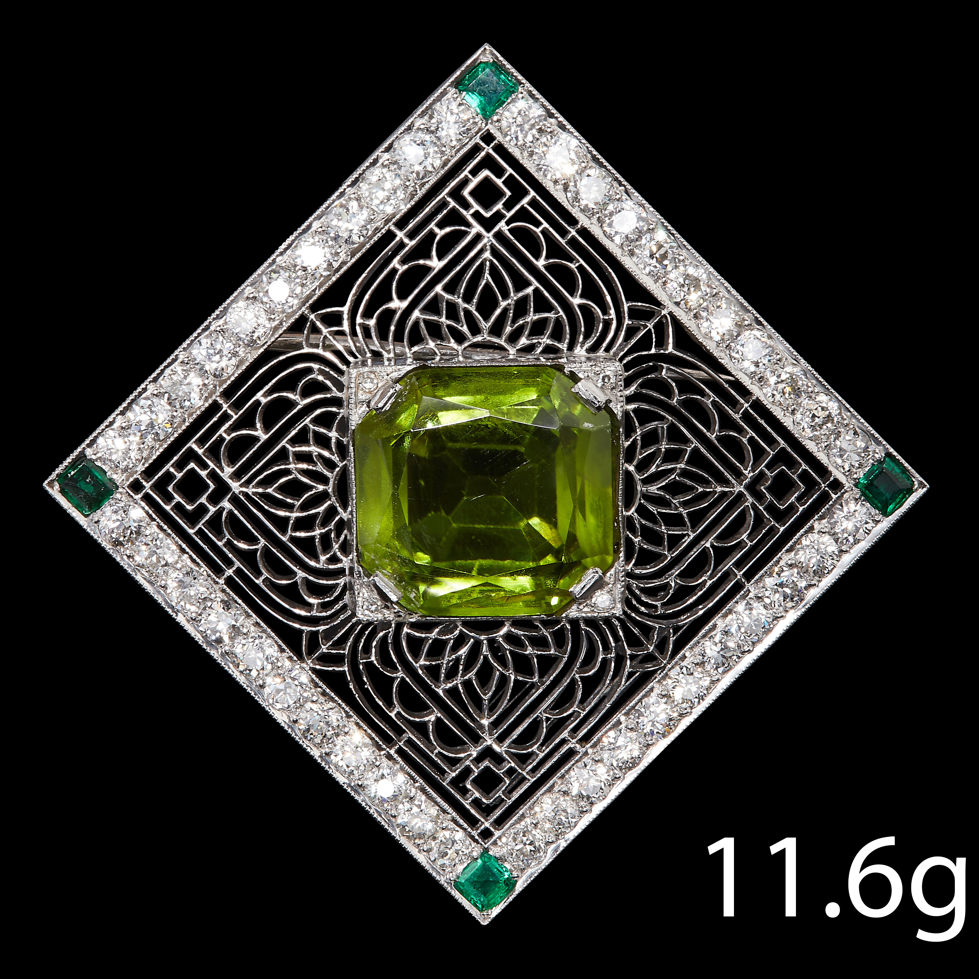 PERIDOT, DIAMOND AND EMERALD BROOCH