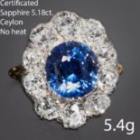 FINE CERTIFICATED CEYLON SAPPHIRE AND DIAMOND CLUSTER RING