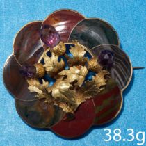 ANTIQUE AMETHYST AND SCOTTISH AGATE THISTLE GOLD BROOCH