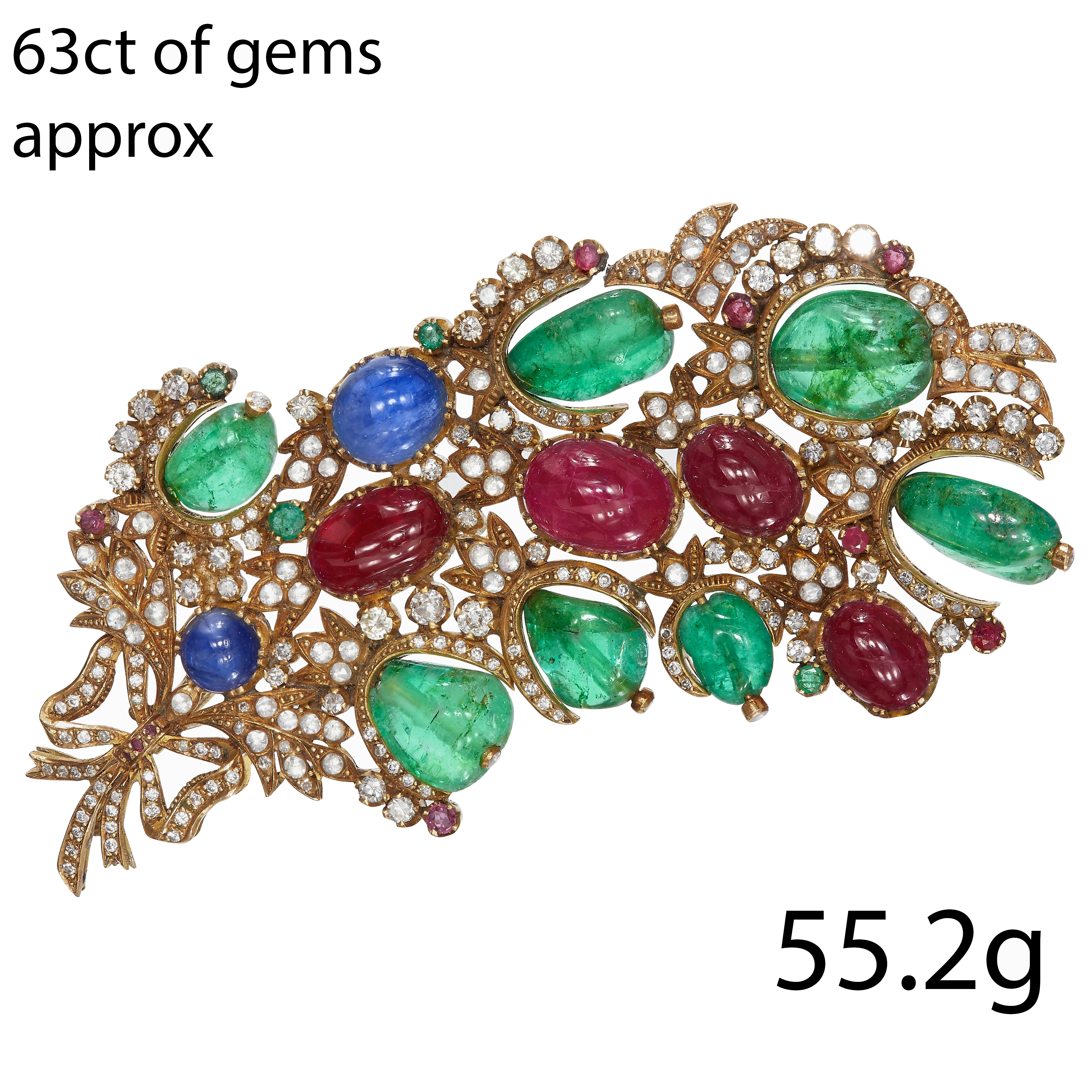 LARGE AND RARE TUTTI-FRUTTI EMERALD RUBY SAPPHIRE AND DIAMOND BROOCH