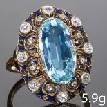 ANTIQUE AQUAMARINE DIAMOND AND ENAMEL CLUSTER RING