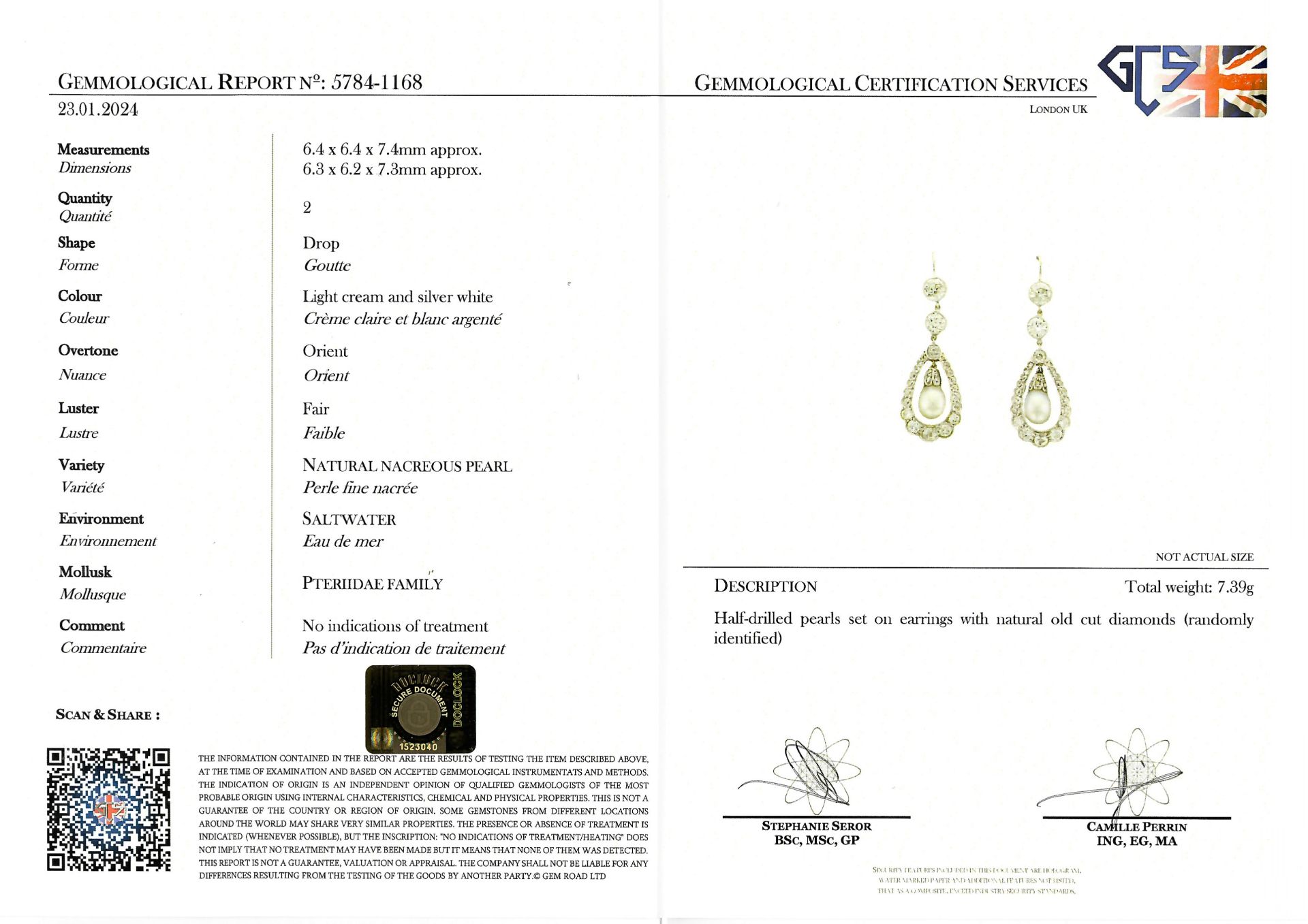 PAIR OF CERTIFICATED NATURAL SALTWATER PEARL AND DIAMOND DROP EARRINGS - Image 2 of 2