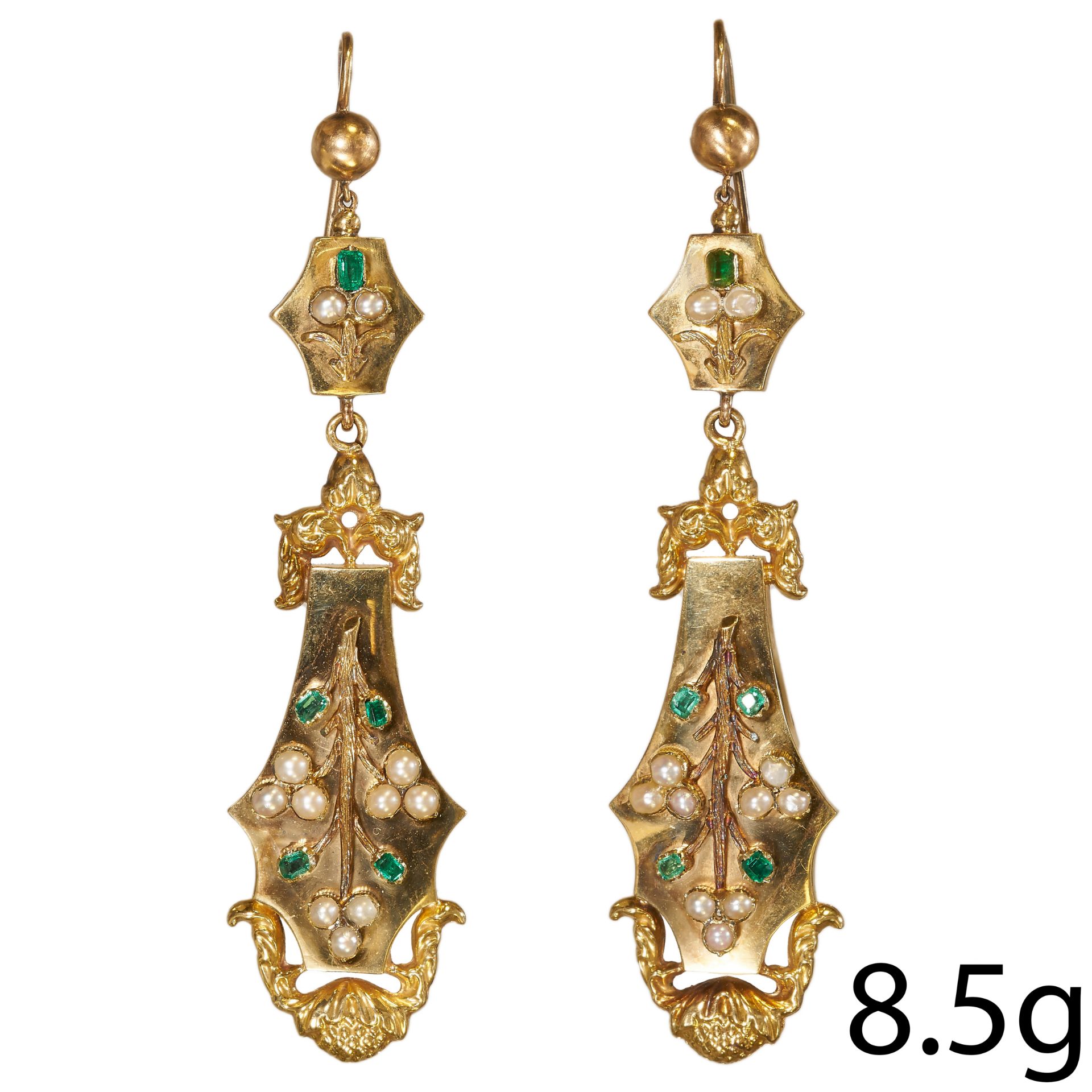 UNUSUAL PAIR OF VICTORIAN EMERALD AND PEARL DROP EARRINGS