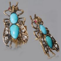 A PAIR OF FRENCH TURQUOISE RUBY AND DIAMOND FLY EARRINGS