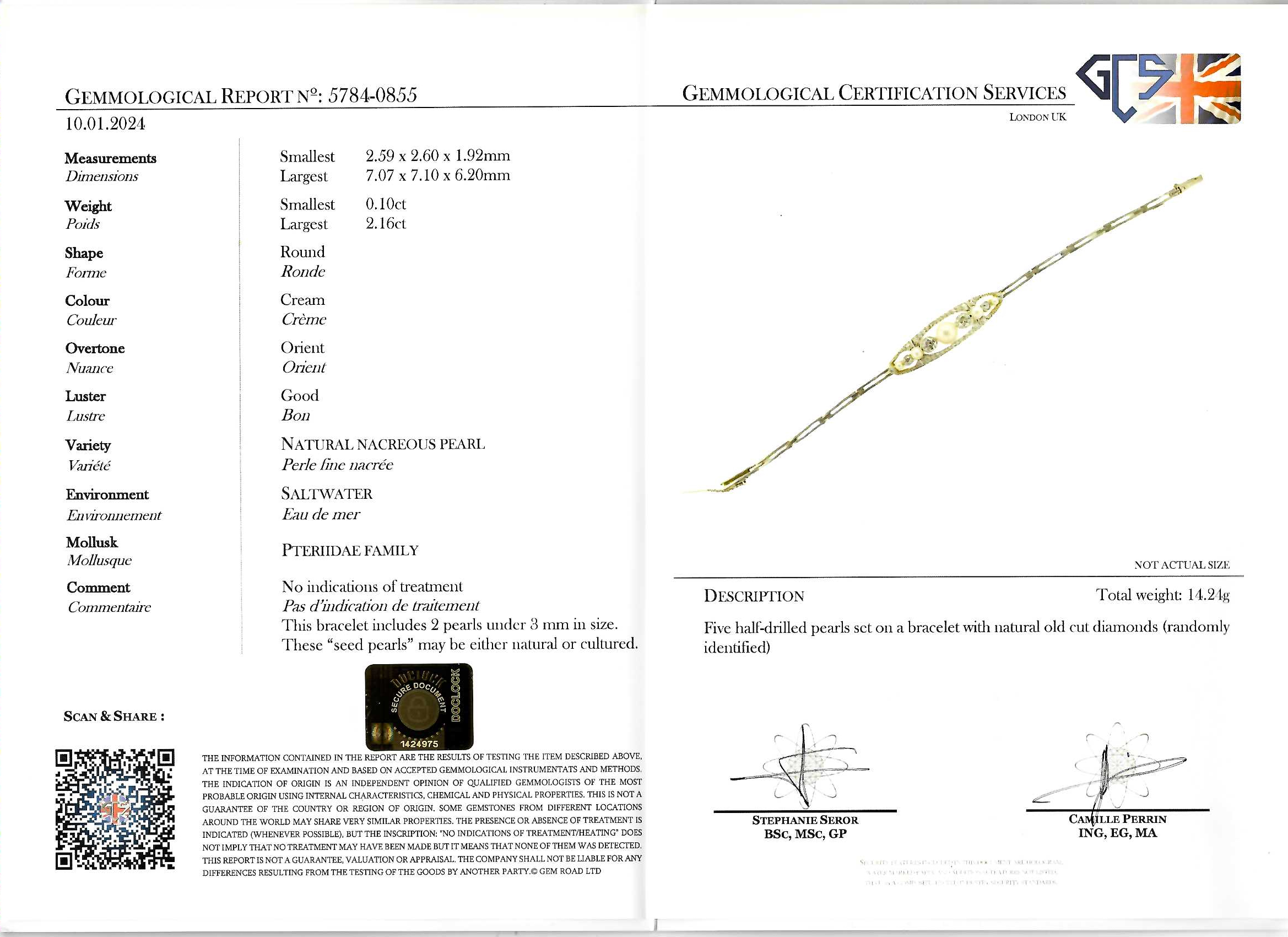 BELLE EPOQUE CERTIFICATED NATURAL SALTWATER PEARL AND DIAMOND BRACELET - Image 3 of 3