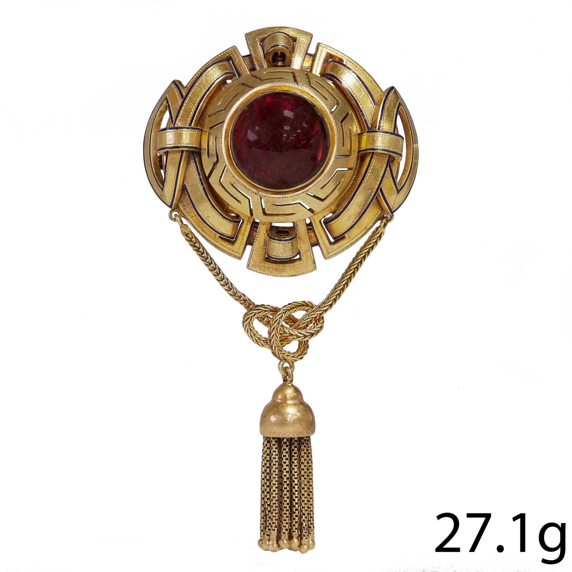 VICTORIAN GARNET AND ENAMEL TASSEL BROOCH