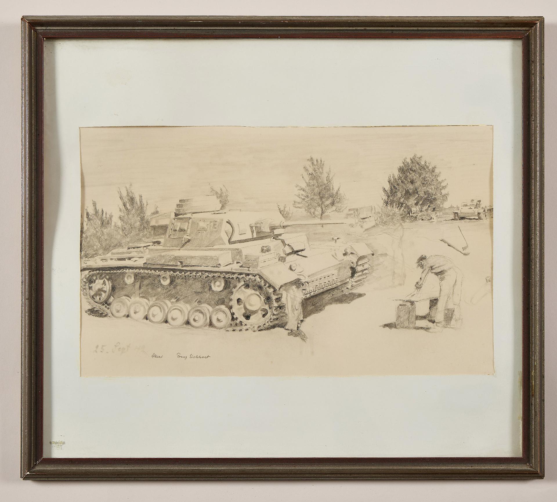 Kunst : Franz Eichhorst: Zeichnung eines Panzers, bzw. auf einem Panzer sitzender Soldaten.