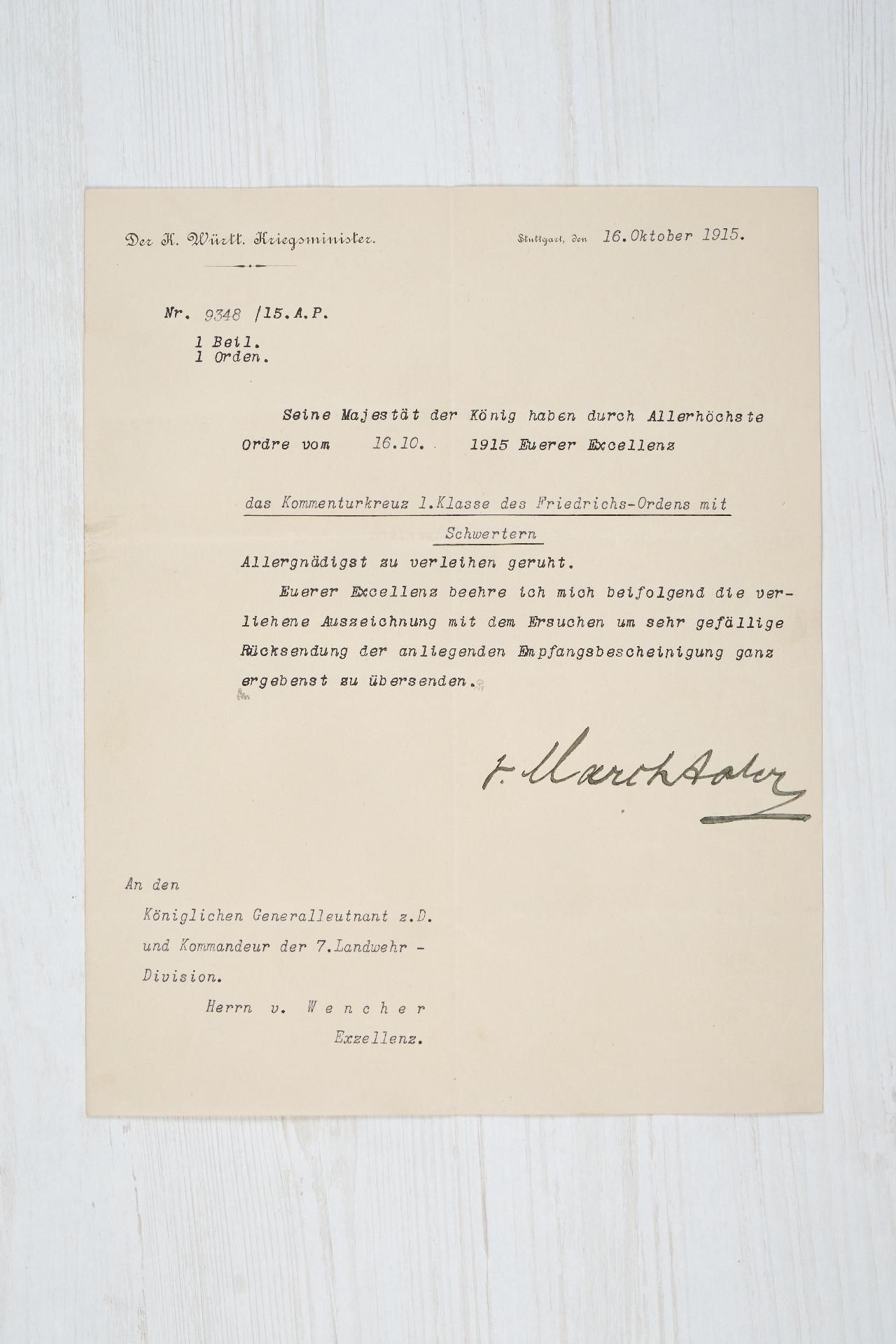 Württemberg : Auszeichnungs- und Dokumentennachlass des Generalleutnants z.D. Konrad Adolf v. We... - Bild 11 aus 24