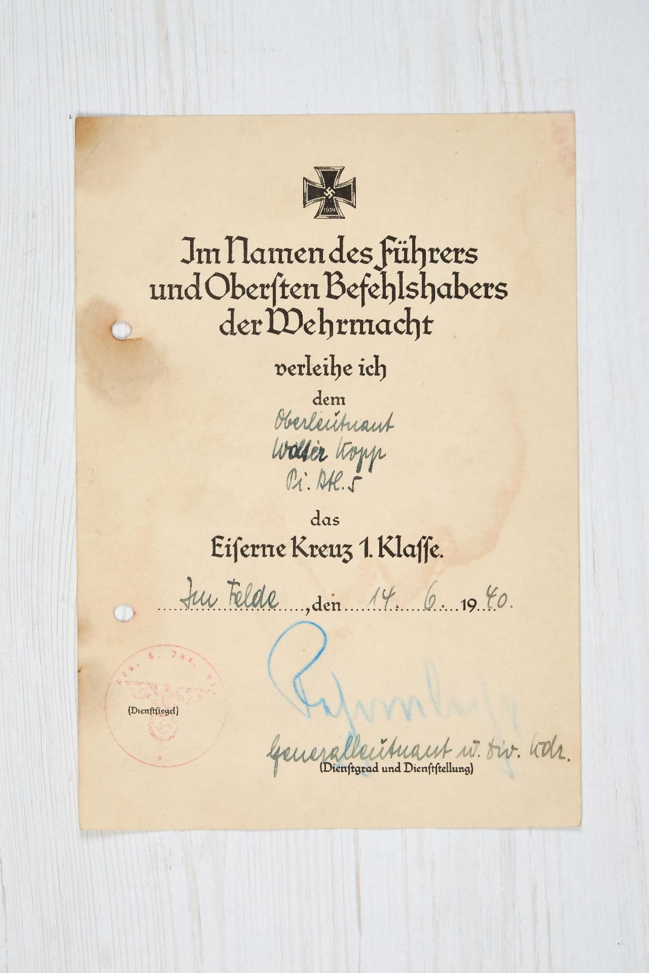 Heer Allgemein : Auszeichnungs- und Dokumentennachlaß des Ritterkreuzträgers Major Walter Kopp,... - Bild 2 aus 6