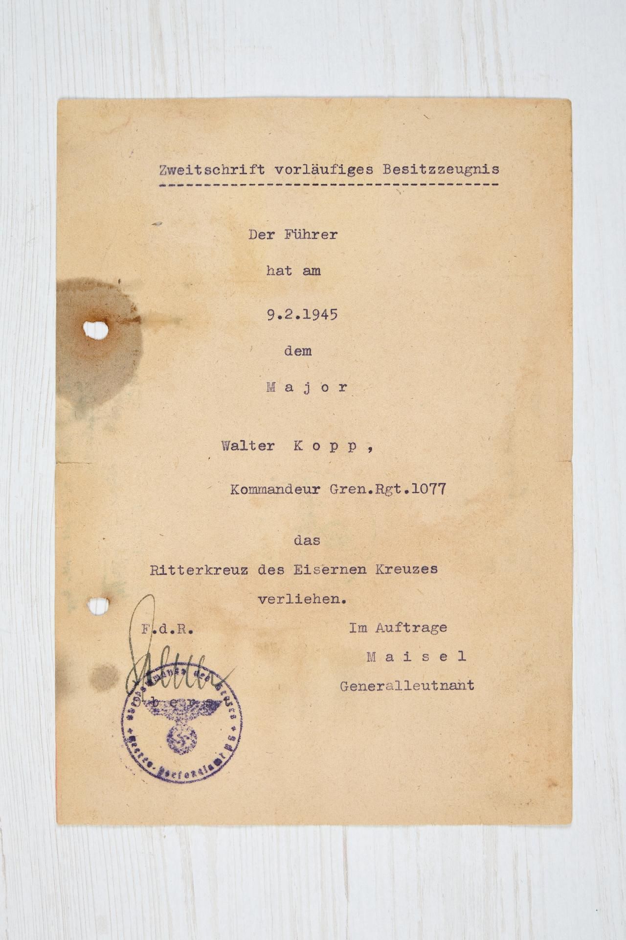 Heer Allgemein : Auszeichnungs- und Dokumentennachlaß des Ritterkreuzträgers Major Walter Kopp,... - Bild 3 aus 9