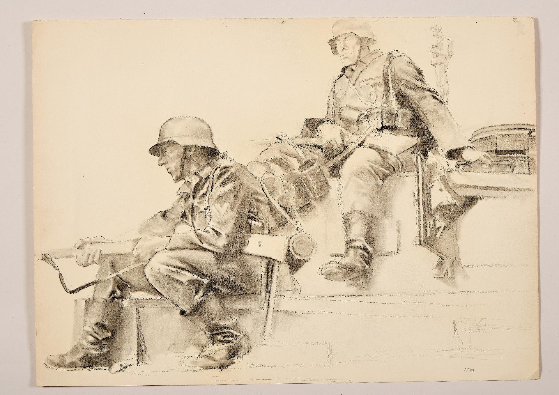 Kunst : Franz Eichhorst: Zeichnung eines Panzers, bzw. auf einem Panzer sitzender Soldaten. - Bild 2 aus 3