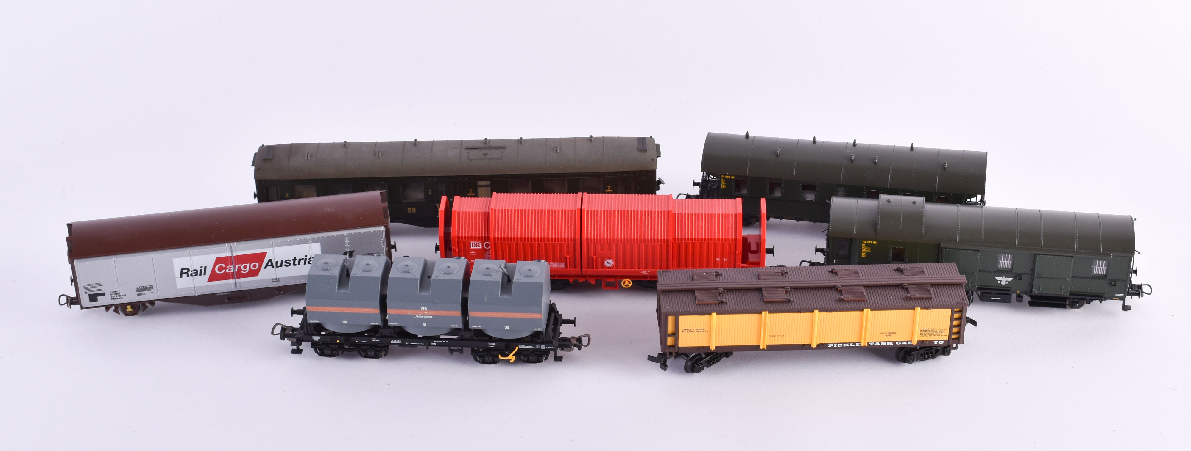A group of freight wagons /passenger wagons Roco and other manufacturers