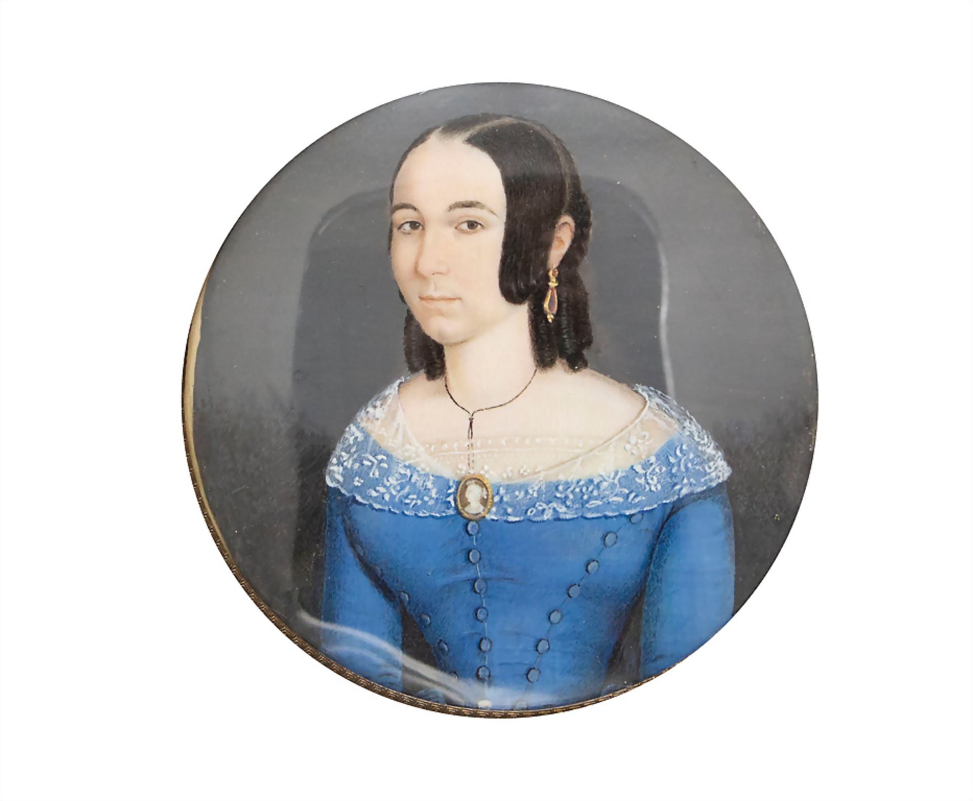Biedermeier Miniatur Porträt einer jungen Frau im blauem Kleid mit Spitze / A miniature ... - Bild 2 aus 3