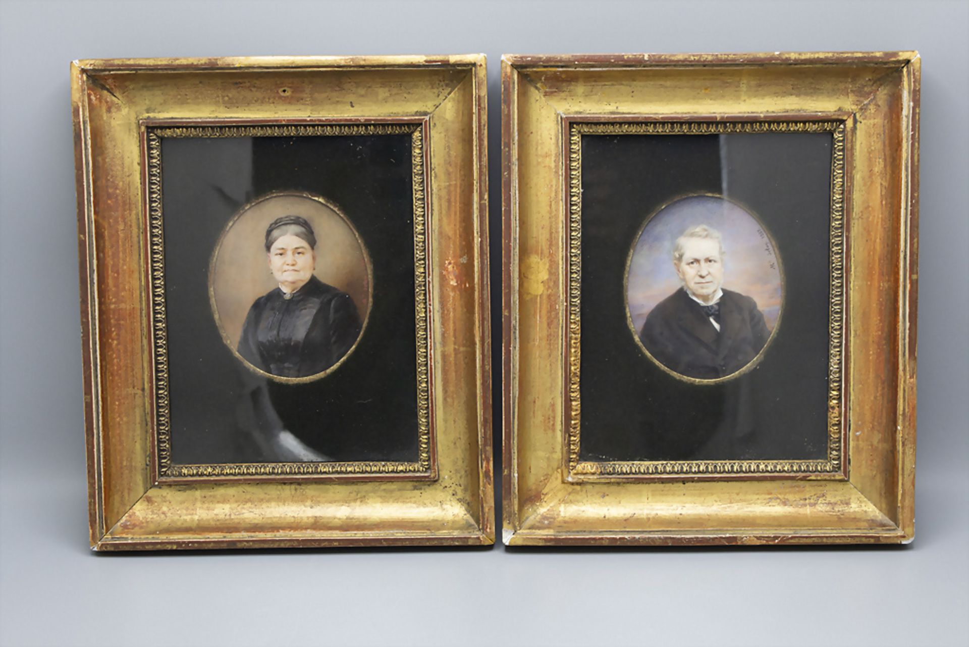 Paar Miniaturporträts eines älteren Ehepaares / A pair of miniature paintings of an elderly ...