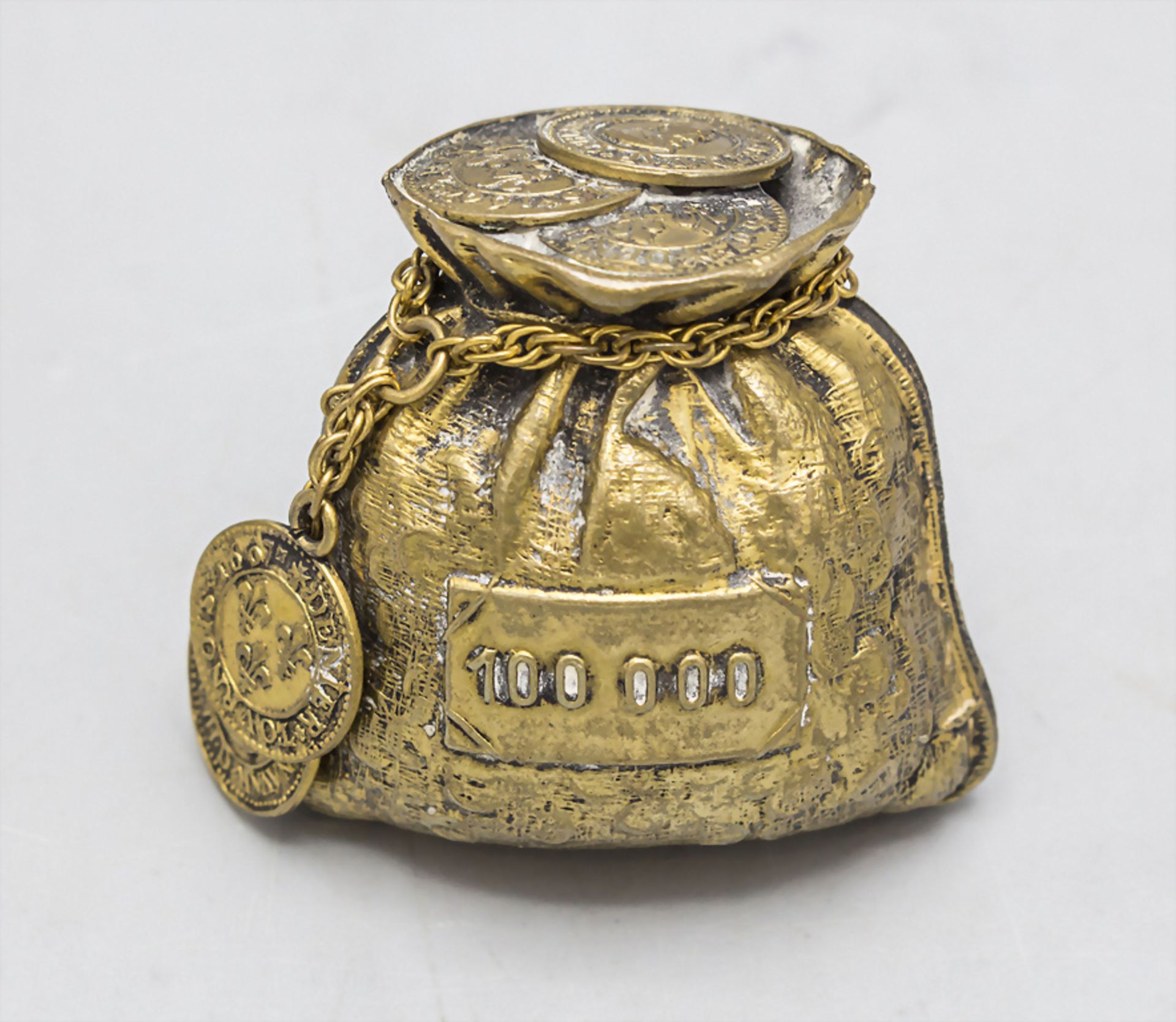 Sack mit Münzen als Trompe-l'oeil Briefbeschwerer / A gilded bronze paperweight, Frankreich, ...