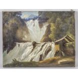 Unbekannter Künstler des 19. Jh., 'Wasserfall in Waldlandschaft' / 'Waterfall in a forest ...