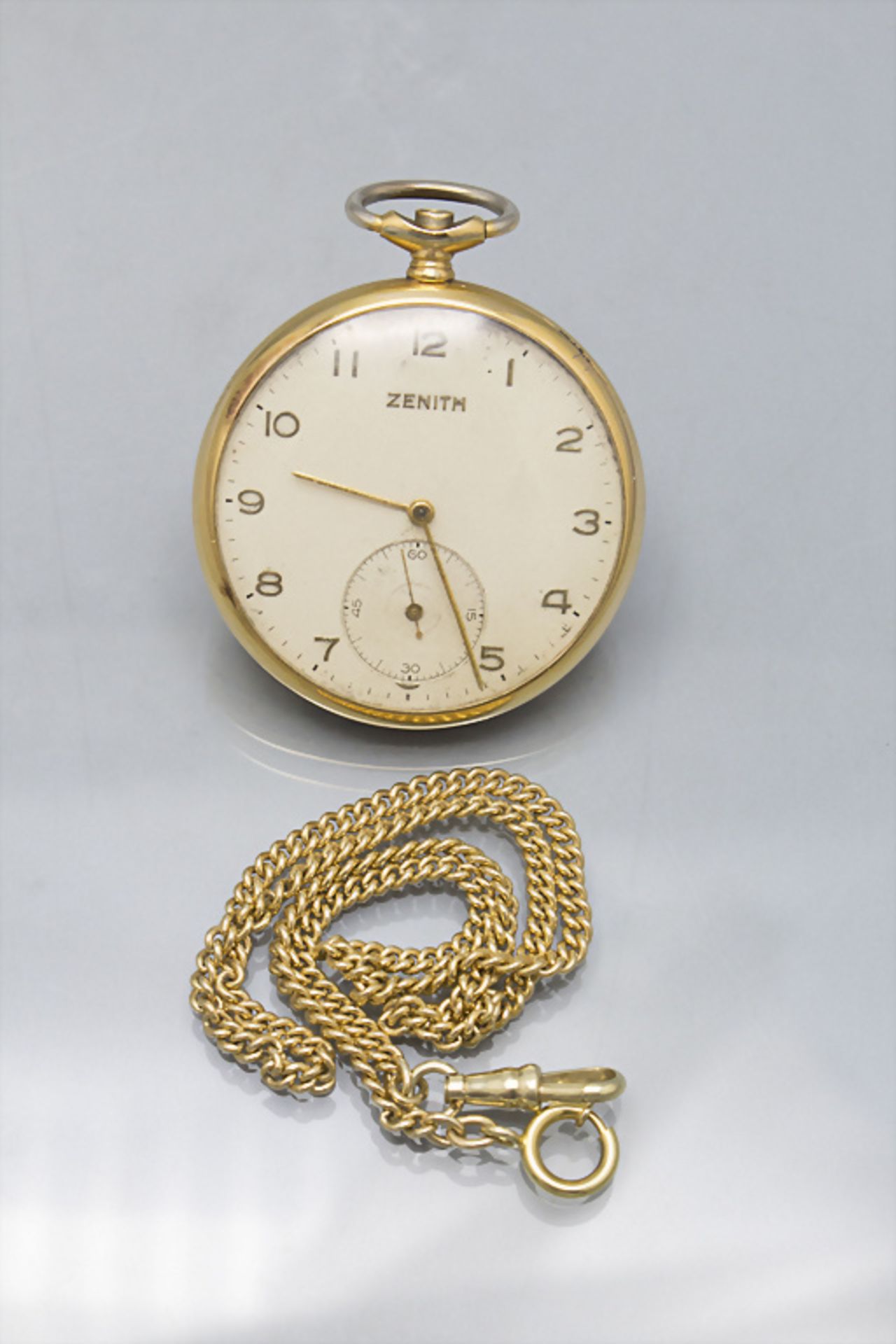 Taschenuhr mit 14 Kt Gold Kette / A pocket watch with a 14 ct gold chain, Zenith, Swiss, um 1950 - Image 2 of 6