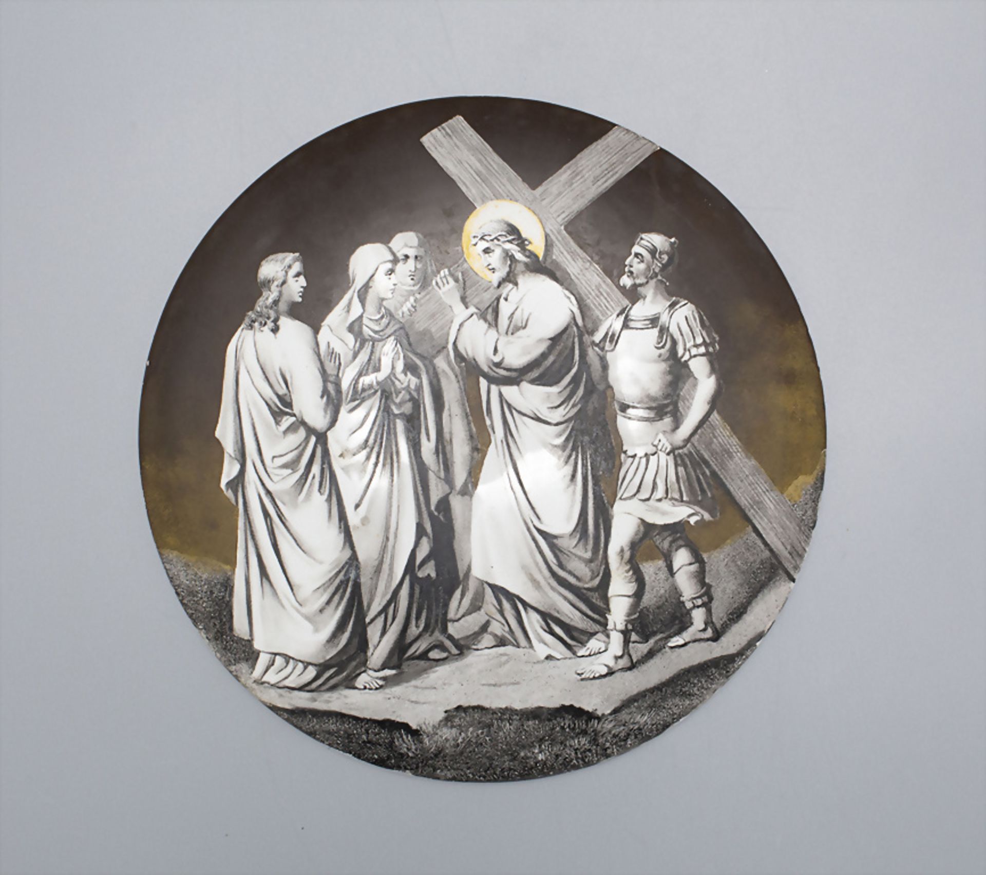 Runde Platte mit Station IV des Kreuzigungsweges Jesus / A plaque with finely painted way of ...