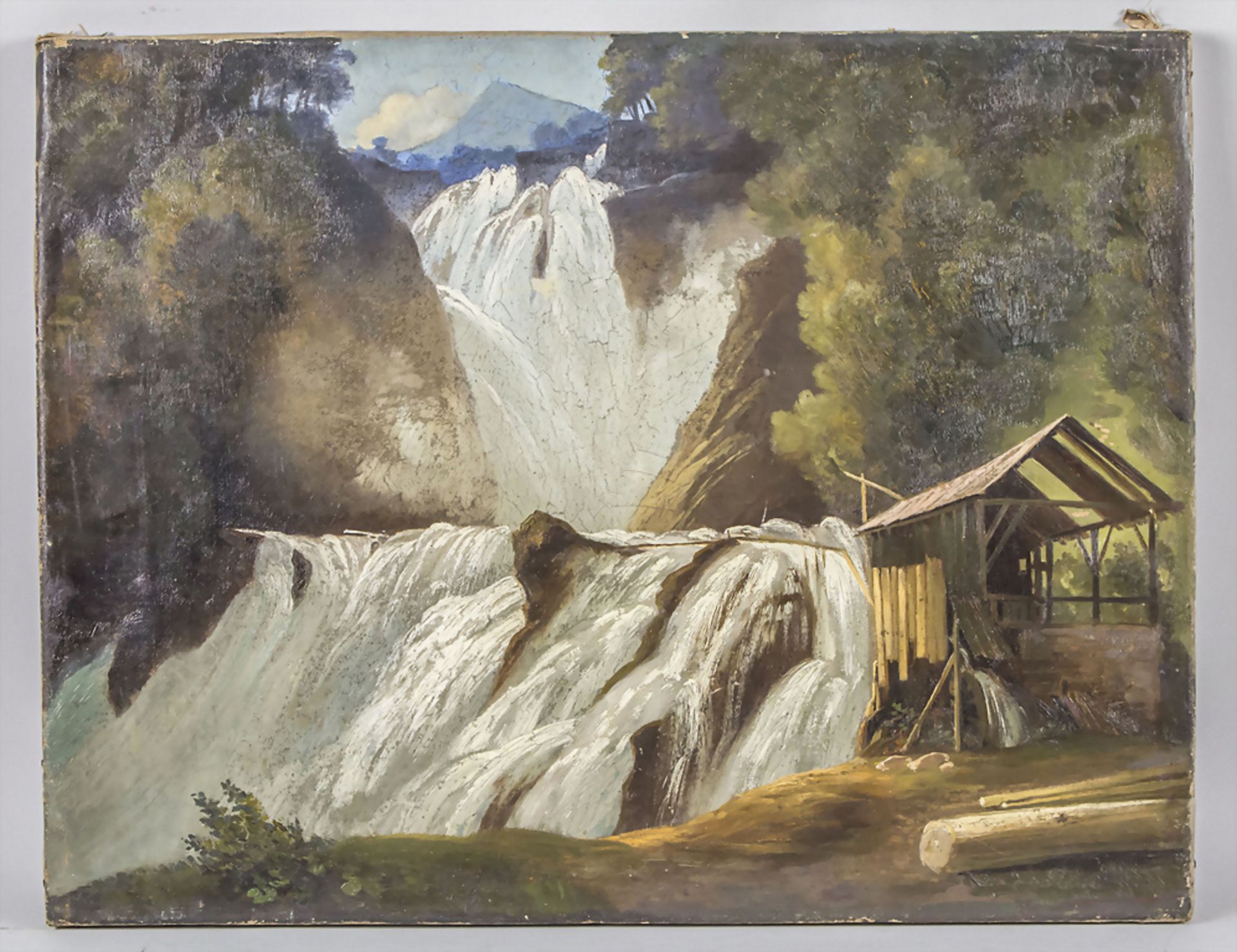 Unbekannter Künstler des 19. Jh., 'Wasserfall in Waldlandschaft' / 'Waterfall in a forest ...