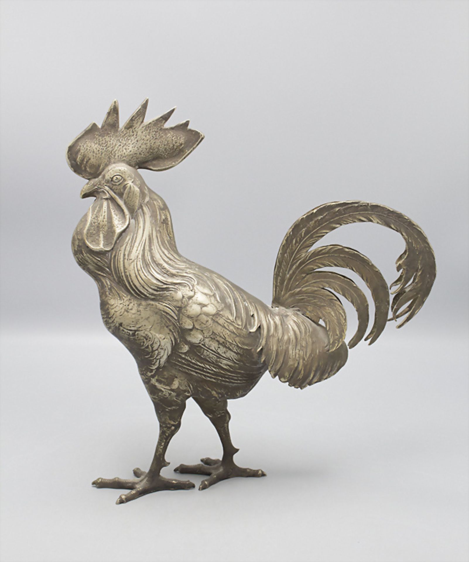 Große versilberte Skulptur eines Hahns / A plated sculpture of a rooster, 19. Jh.