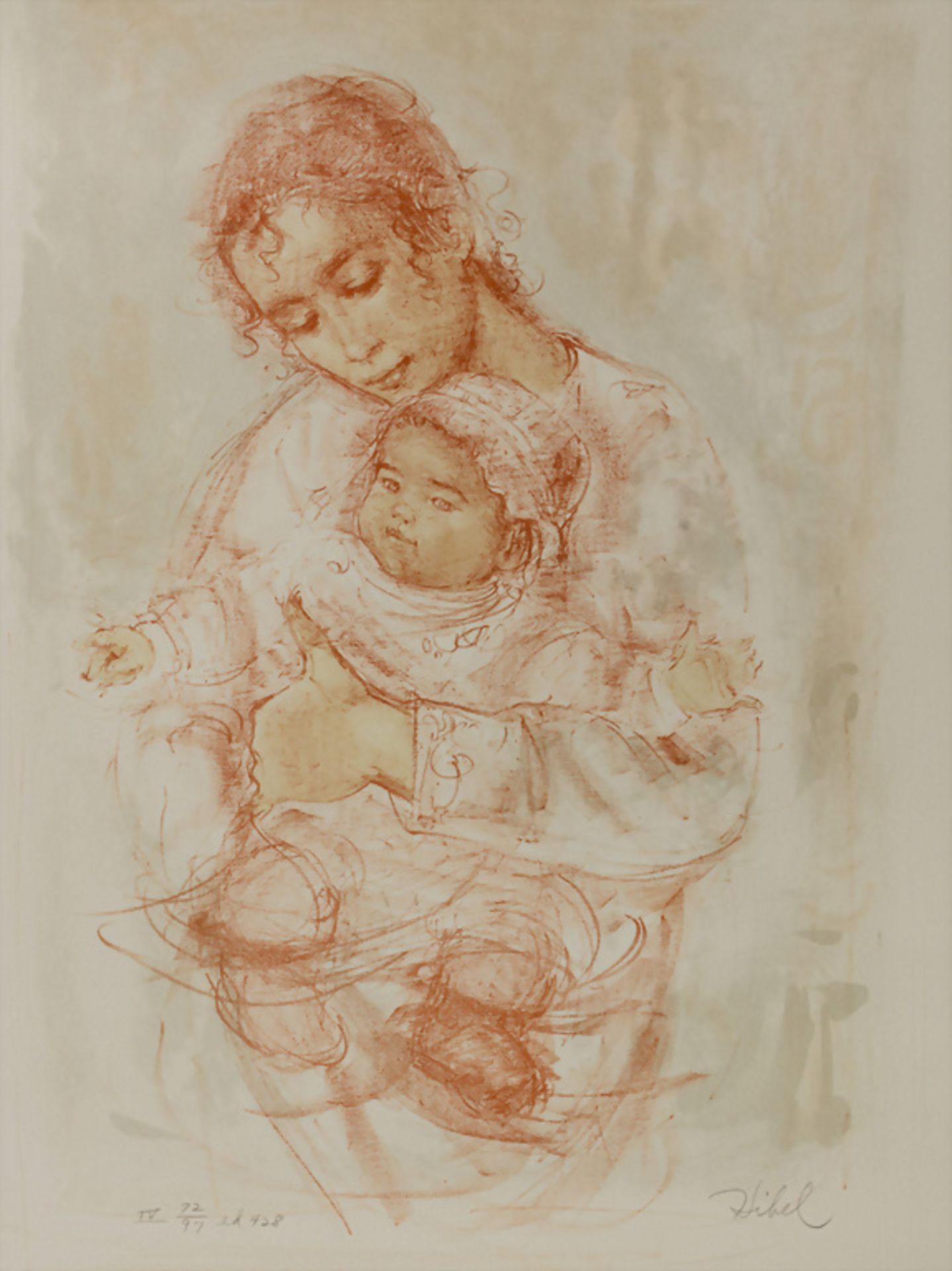 Edna Hibel (1917-2014), 'Mutter mit Baby' / 'A mother with her baby', 2. Hälfte 20. Jh., ...