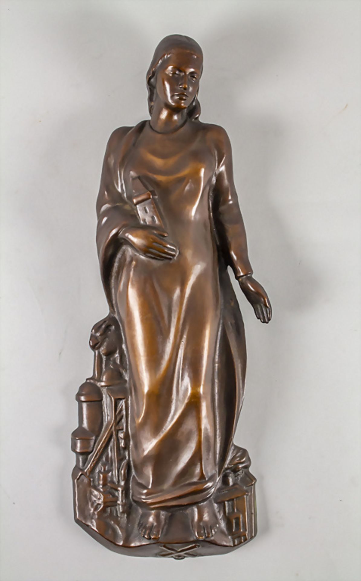 Bronze Wandapplik 'Heilige Barbara mit Kupferbergwerk' / A bronze wall applique 'Saint Barbara ...