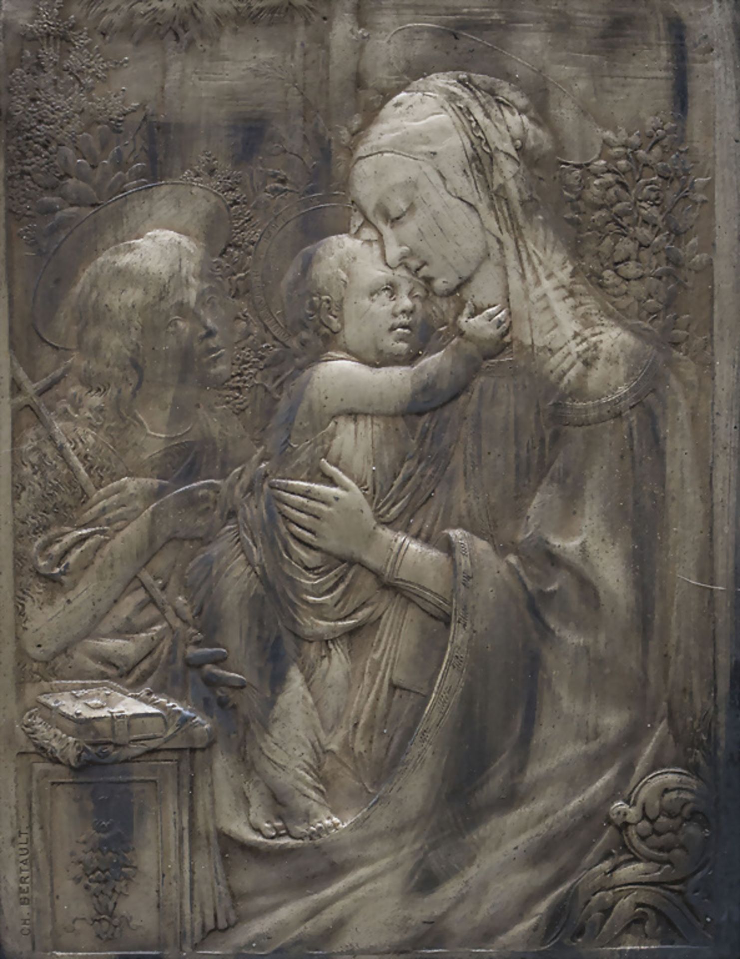 Reliefplatte im Standrahmen / A framed relief 'Mary with child and the young St. John the ...