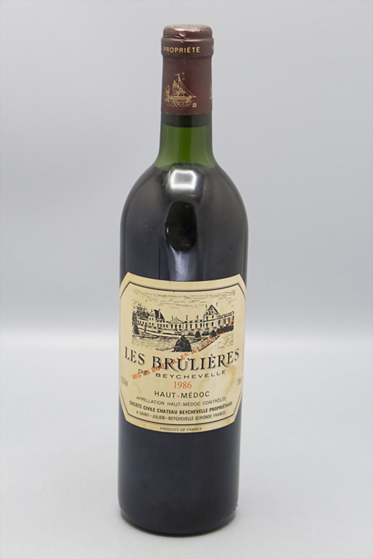 Flasche Wein / A bottle of wine 'Les Bruliéres de Beychevelle, Haut-Medoc, 1986 - Bild 2 aus 3