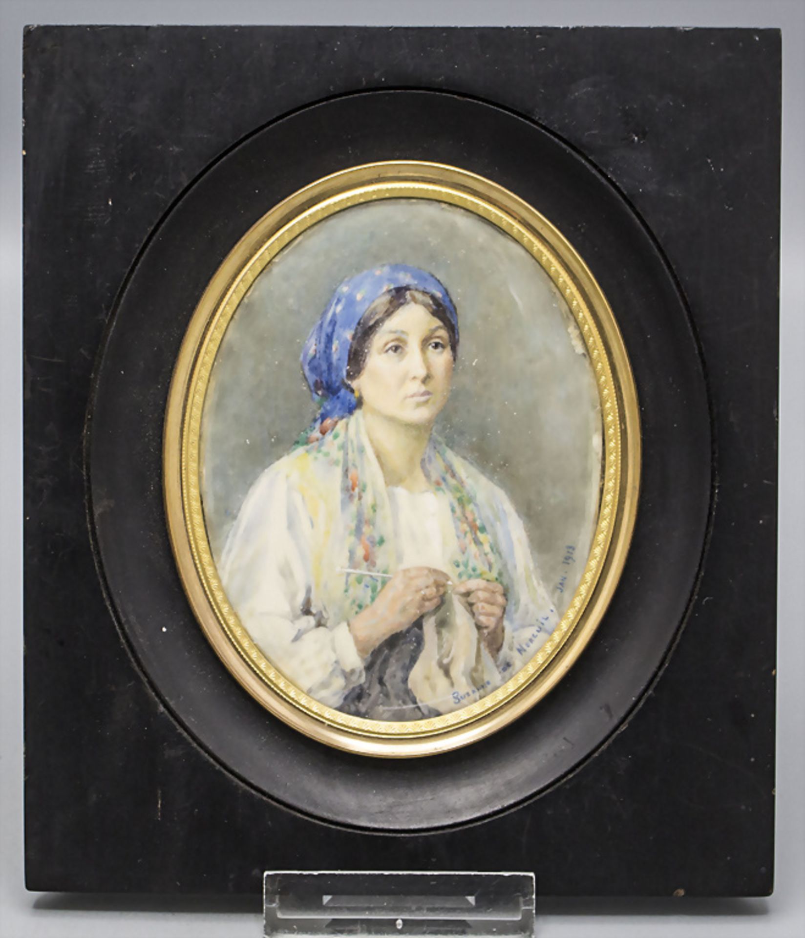 Suzanne BONNAL DE NOREUIL (1888-c.1960), Miniatur-Porträt einer jungen häkelnden Frau / A ... - Bild 2 aus 3