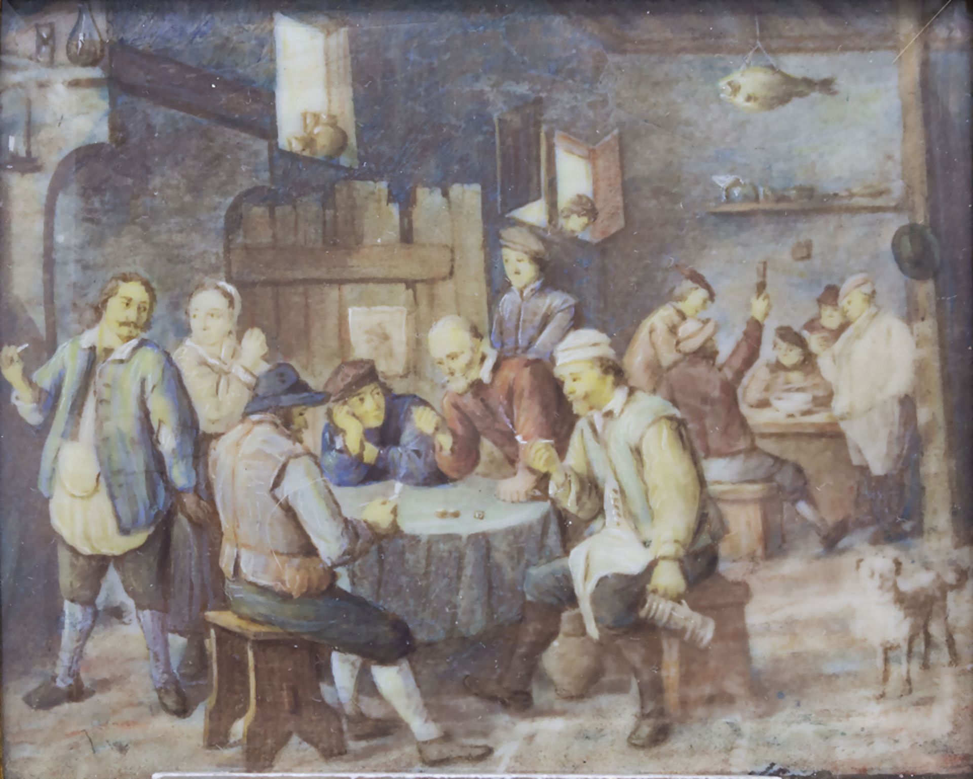 Miniatur Gemälde 'Wirtshausszene mit Würfelspielern' / A miniature painting 'Tavern scene with ...