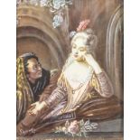 Miniatur 'Handleserin vor junger Dame mit Mandoline' / A miniature painting of a palmist in ...