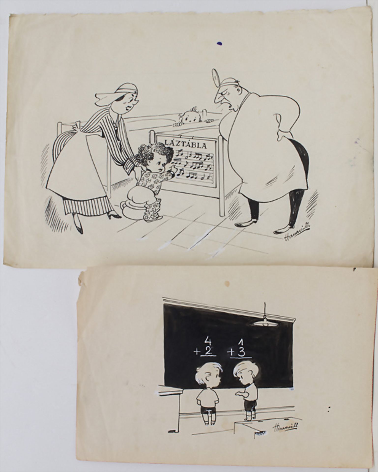 Hauswirth (19. Jh.), 2 Zeichnungen 'Schule' und 'Kinderarzt' / 2 ink drawings 'school' and ...