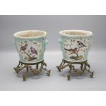 Zier Cachepots mit Vogelmalerei und Bronzemontur / A decorative pair of flower pots with birds ...