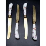 4 Messer mit Porzellangriffen und Silberklingen / 4 knives with porcelain handles and silver ...