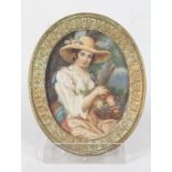 Miniatur Porträt 'Dame mit Hut und Obstkorb' / A miniature portrait of a young woman with hat ...
