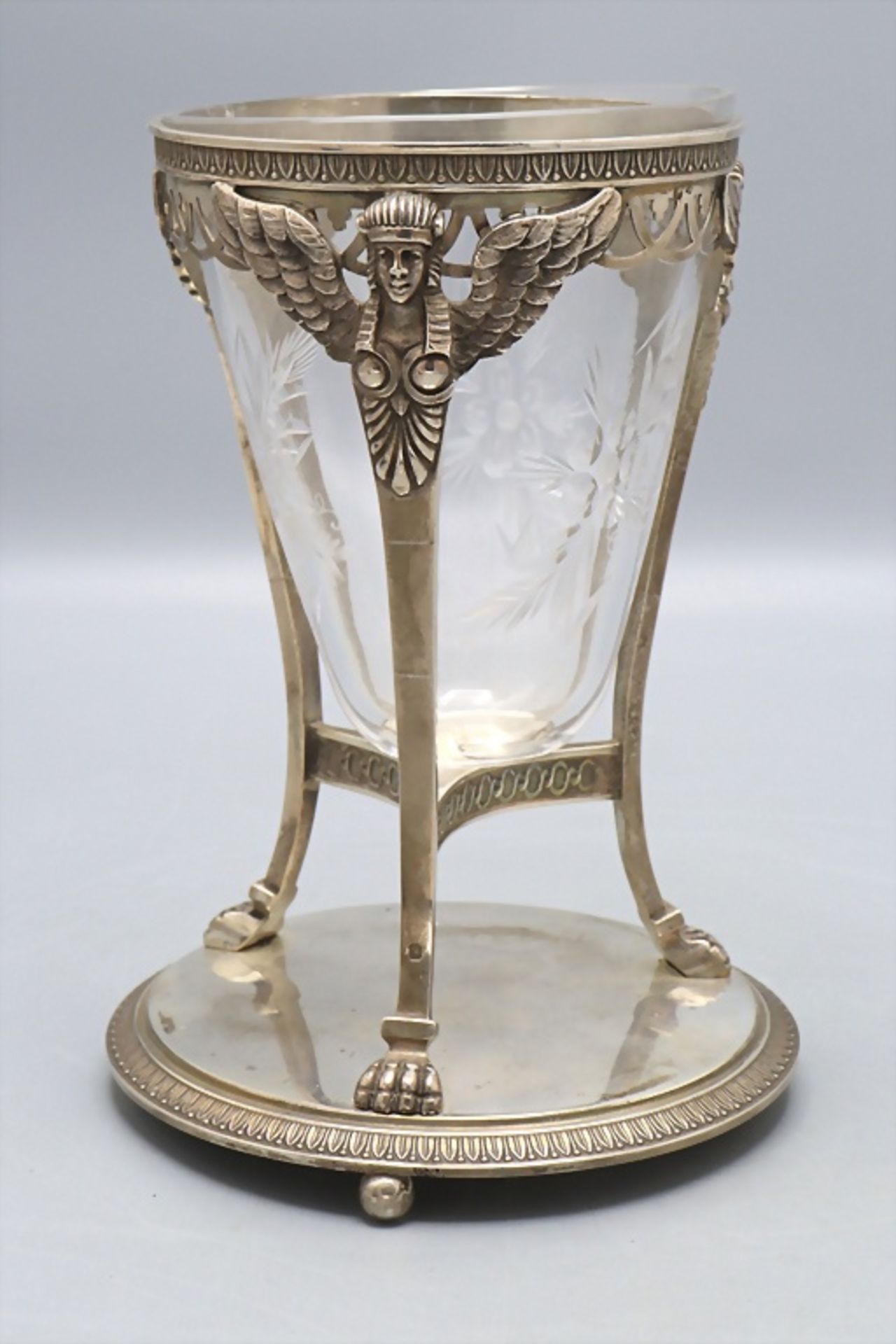 Ziergefäß mit Sphinxen / A decorative silver holder with sphinxes and glass vase, Emile ...